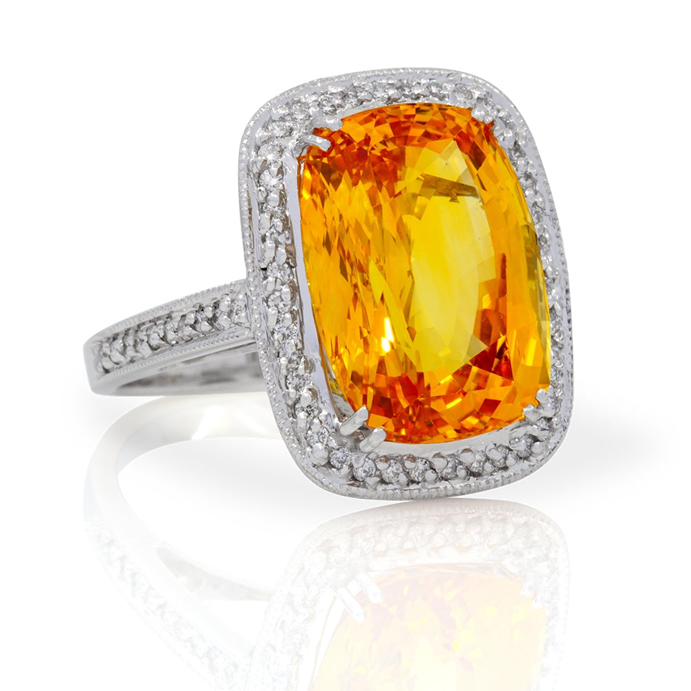 18K White Gold Cushion Cut 12.13ct Golden Sapphire and Diamond Ring