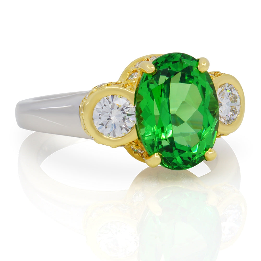 Platinum and 18K Yellow Gold 3.82ct Tsavorite Garnet And Diamond Ring.