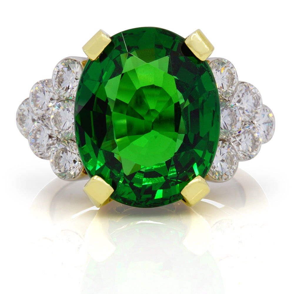Platinum 12.30ct Tsavorite Garnet and Diamond Ring