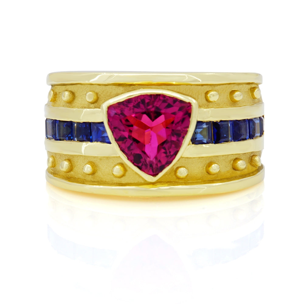 18Kt Yellow Gold Pink Tourmaline And Sapphire Wide Band