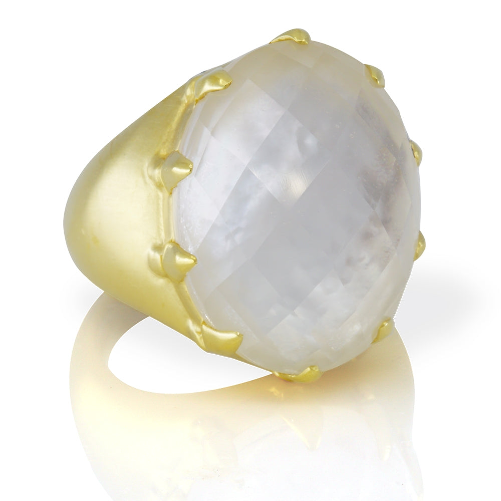 18K Yellow Gold Mother of Pearl and Rock Crystal Ring