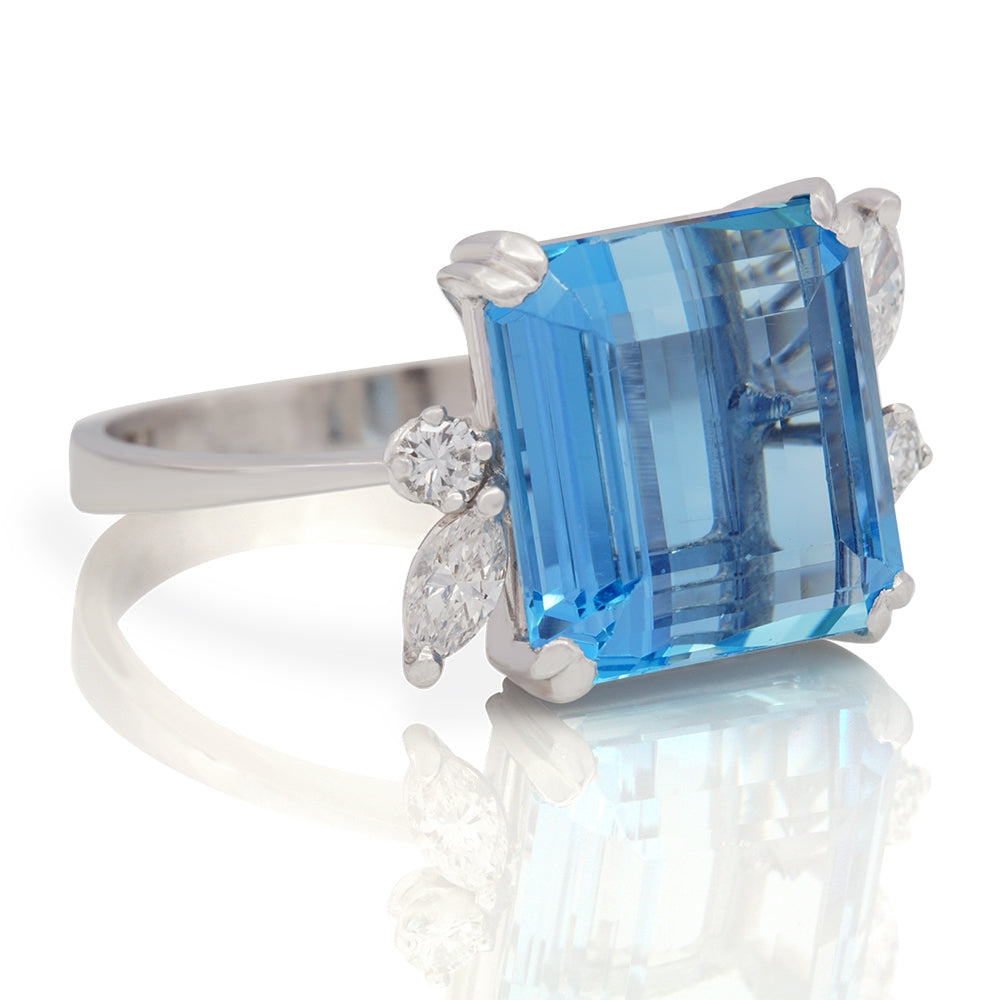 Platinum Emerald Cut Aquamarine And Diamond Ring