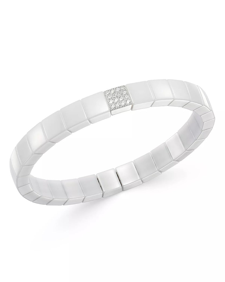 Scacco White Ceramic and 18K White Gold and Diamond Expandable Bracelet