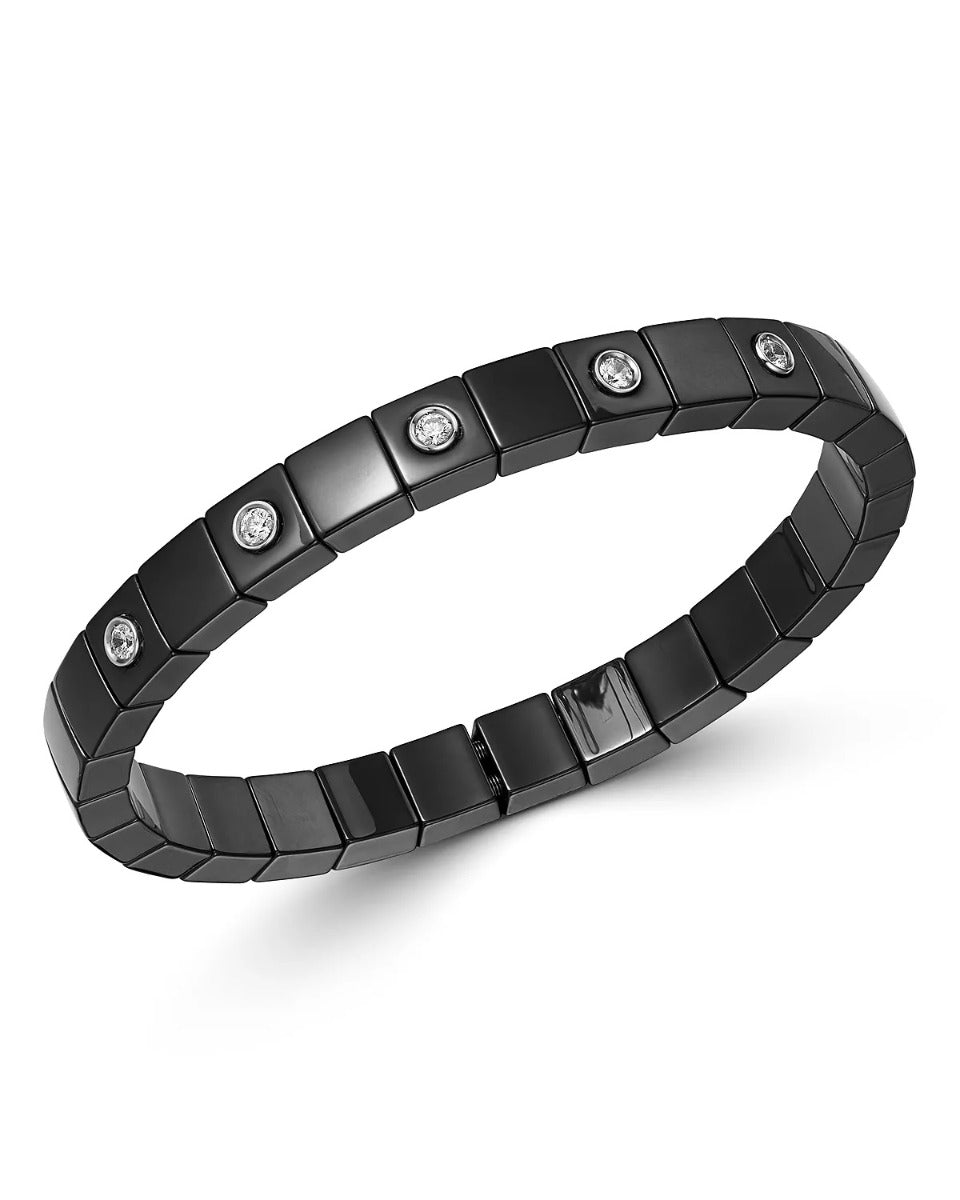 Scacco Black Ceramic And 18K White Gold And Diamond Expandable Bracelet