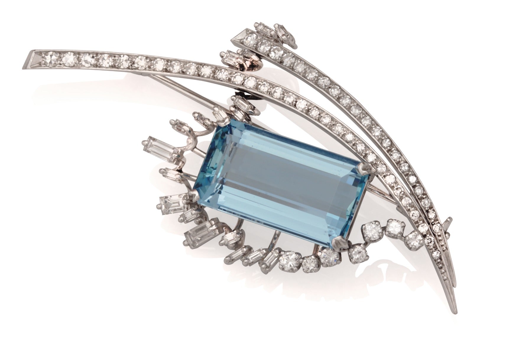 Handmade Platinum Step Cut Aquamarine And Diamond Pin