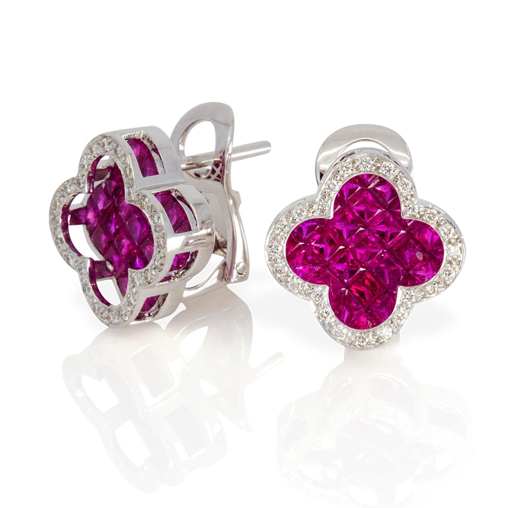 14Kt White Gold Invisible Set Ruby Clover Earrings