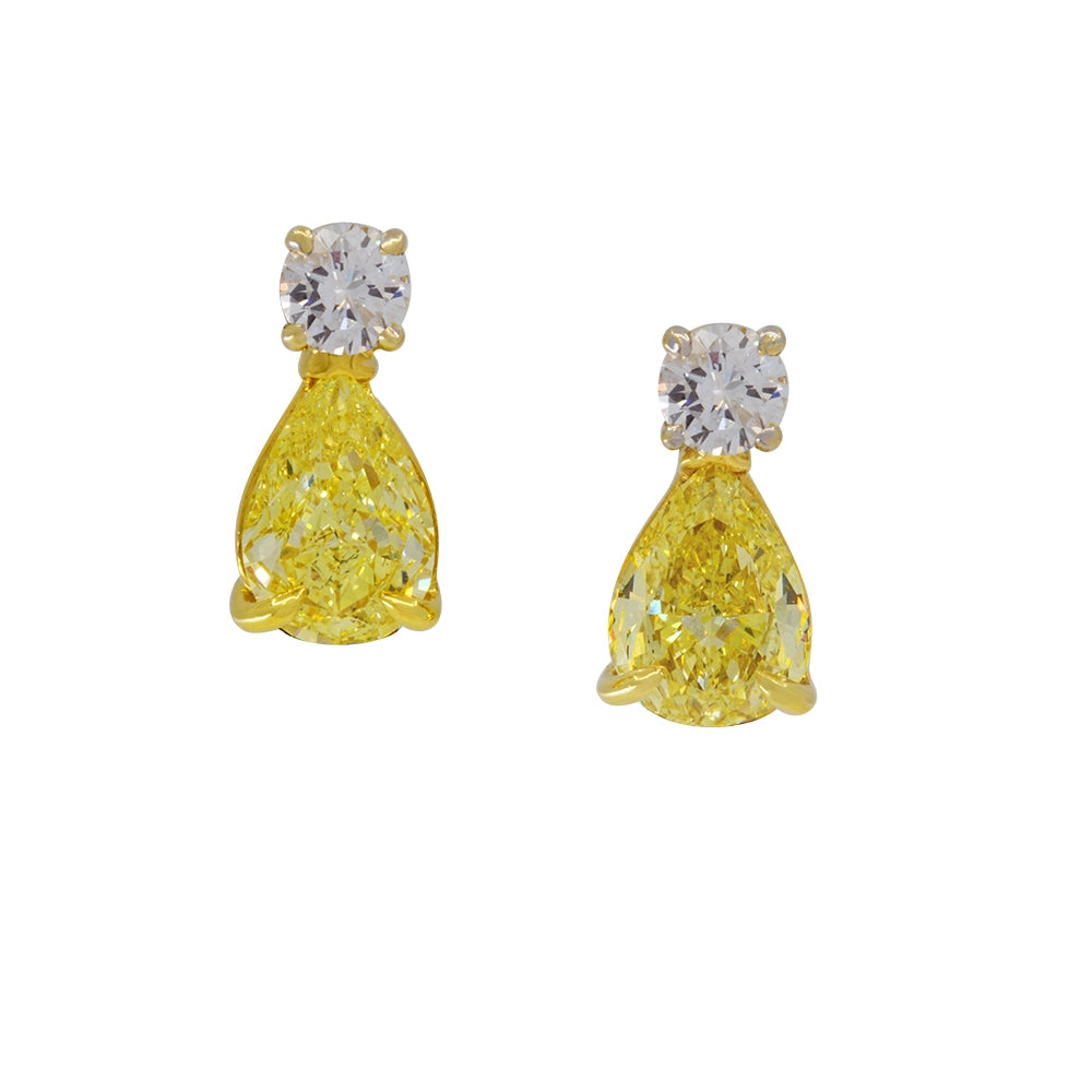 18K Yellow Gold  Fancy Yellow And White Diamond Earrings
