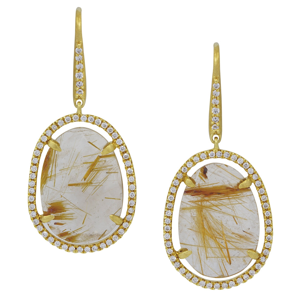 18K Yellow Gold Rutilated Quartz and Diamond Earrings