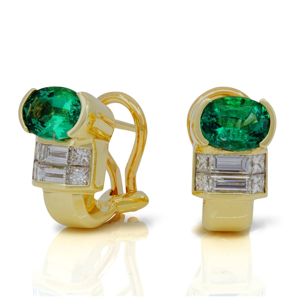 18Kt Yellow Gold Omega Back Emerald And Diamond Earrings