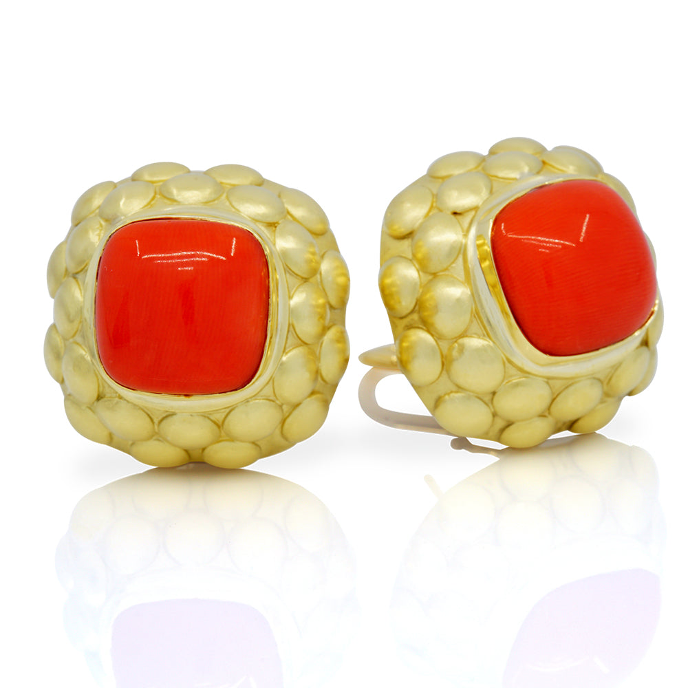 18 Karat Yellow Gold Quilted Style Gold and Coral Earrings