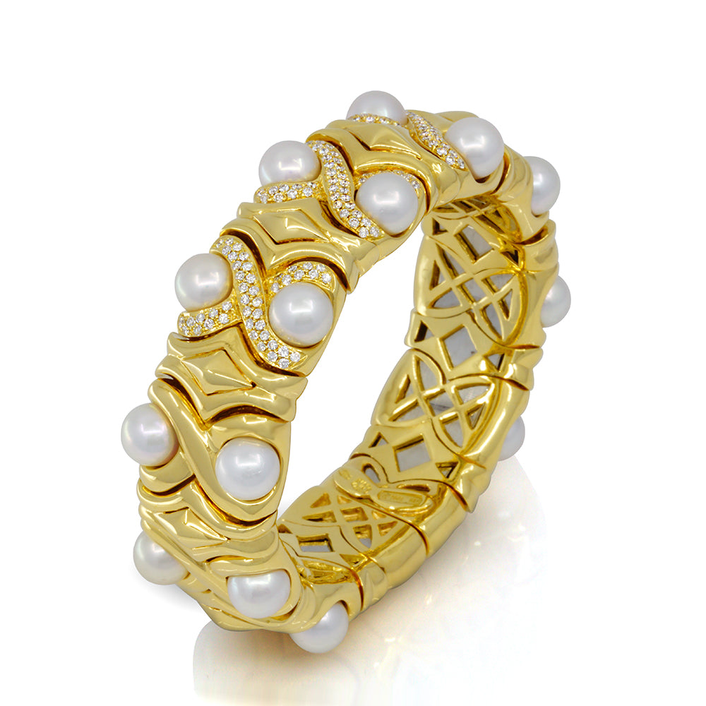 18K Yellow Gold Diamond And Pearl Bangle
