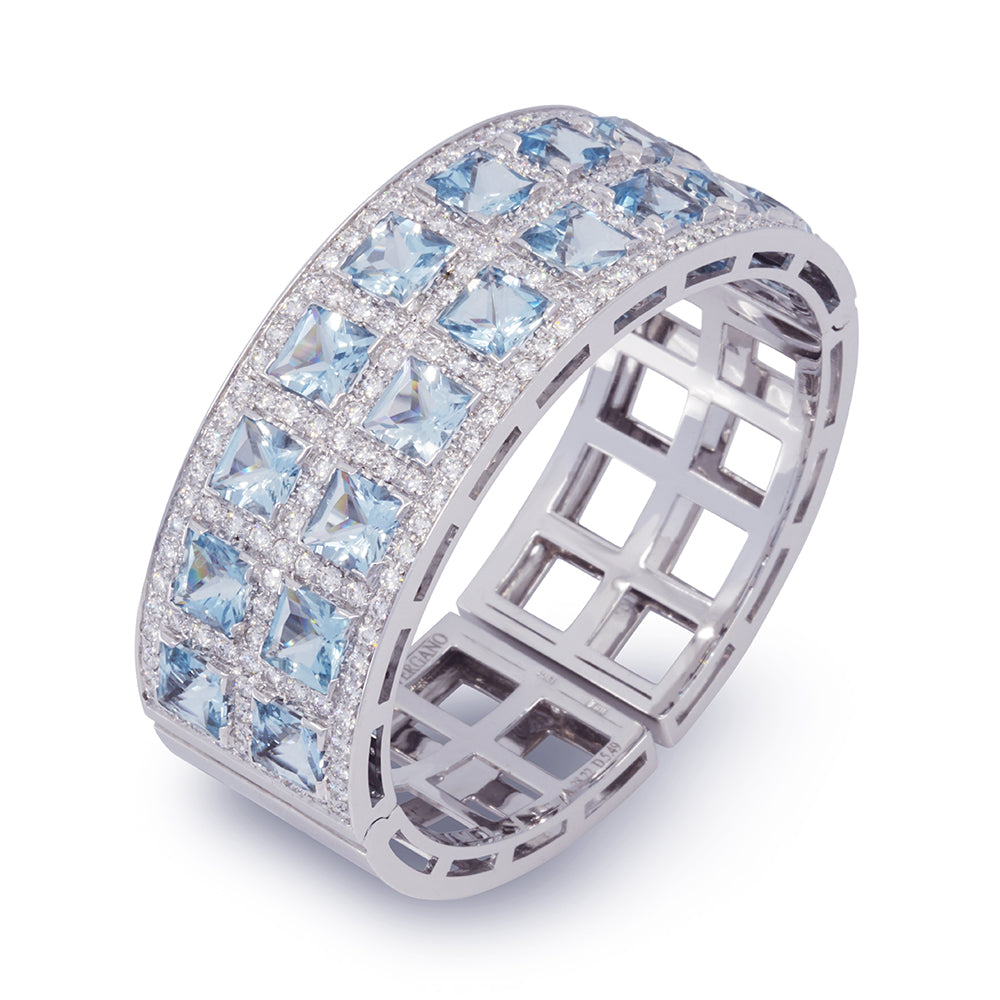 18K White Gold Double Row Aquamarine and Diamond Bracelet
