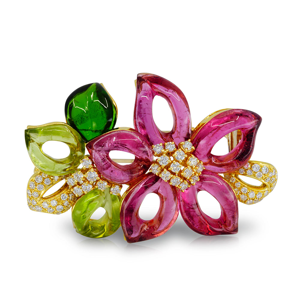 18KT Carved Tourmoline, Chrome Diopside, Peridot and Diamond Flower Pin