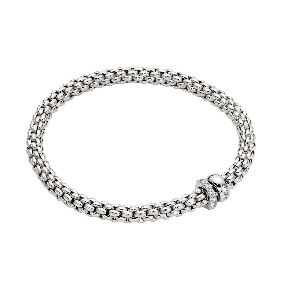 One 18Kt White Gold Fope Solo Flex-It Bracelet With Diamond Rondel And White Gold Rondel