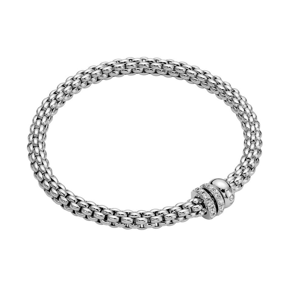 18Kt White Gold Fope Solo Bracelet With Two Diamond Rondels And One White Gold Rondel