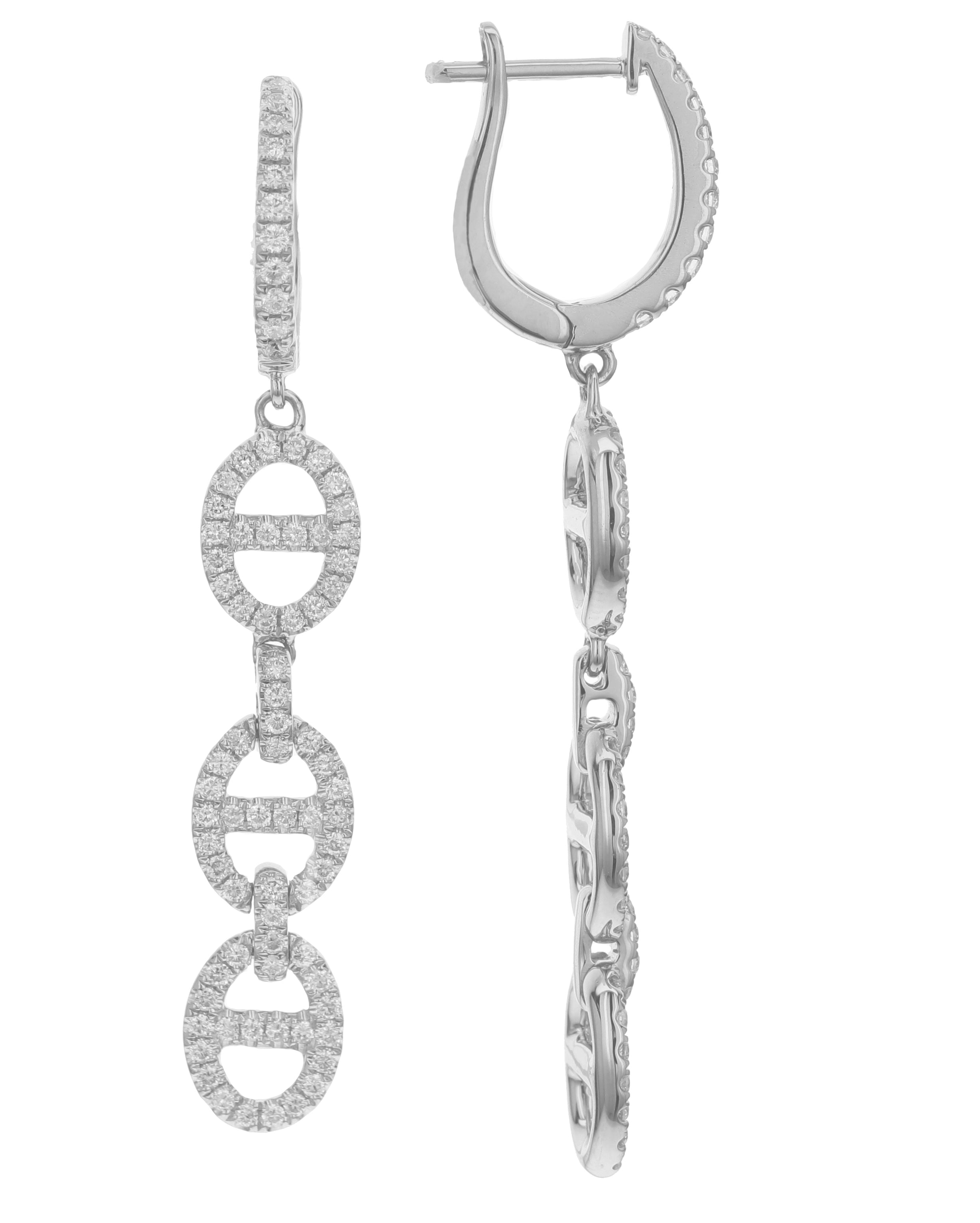 18K White Gold Diamond Stirrup Link Dangle Earrings