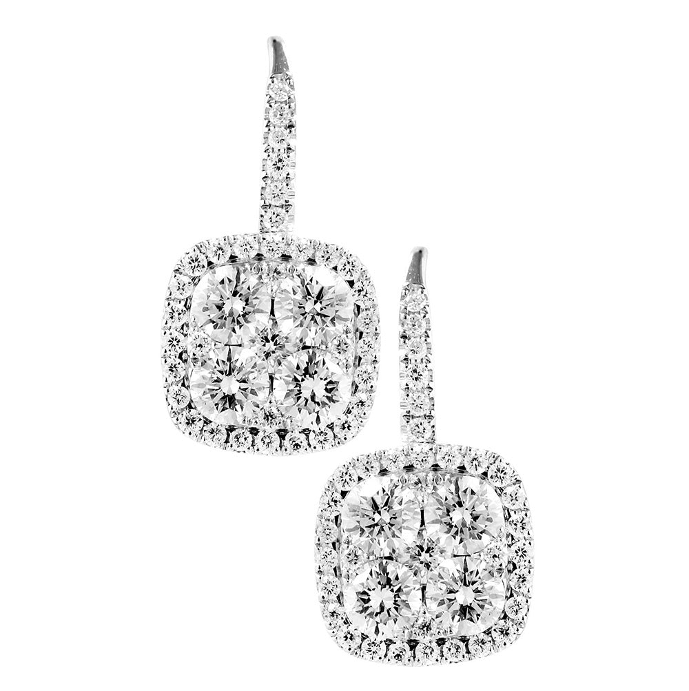18K White Gold and Diamond Lever Back Cluster Earrings