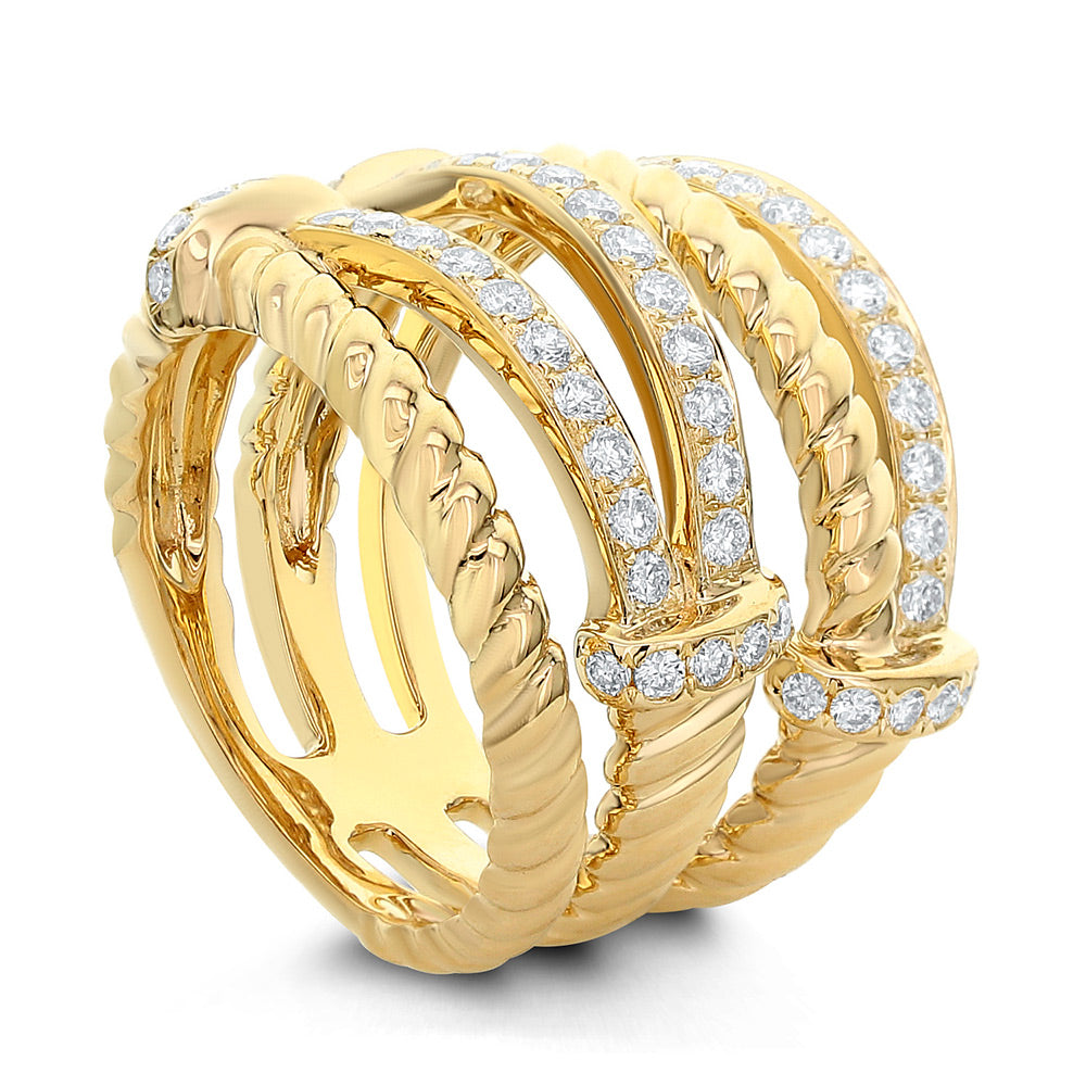 18Kt Yellow Gold 5-Band Ring with Two Rows of Diamonds