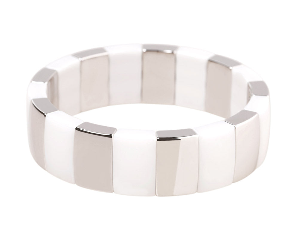 Aura Wide White Gold Overlay And White Ceramic Expandable Bracelet