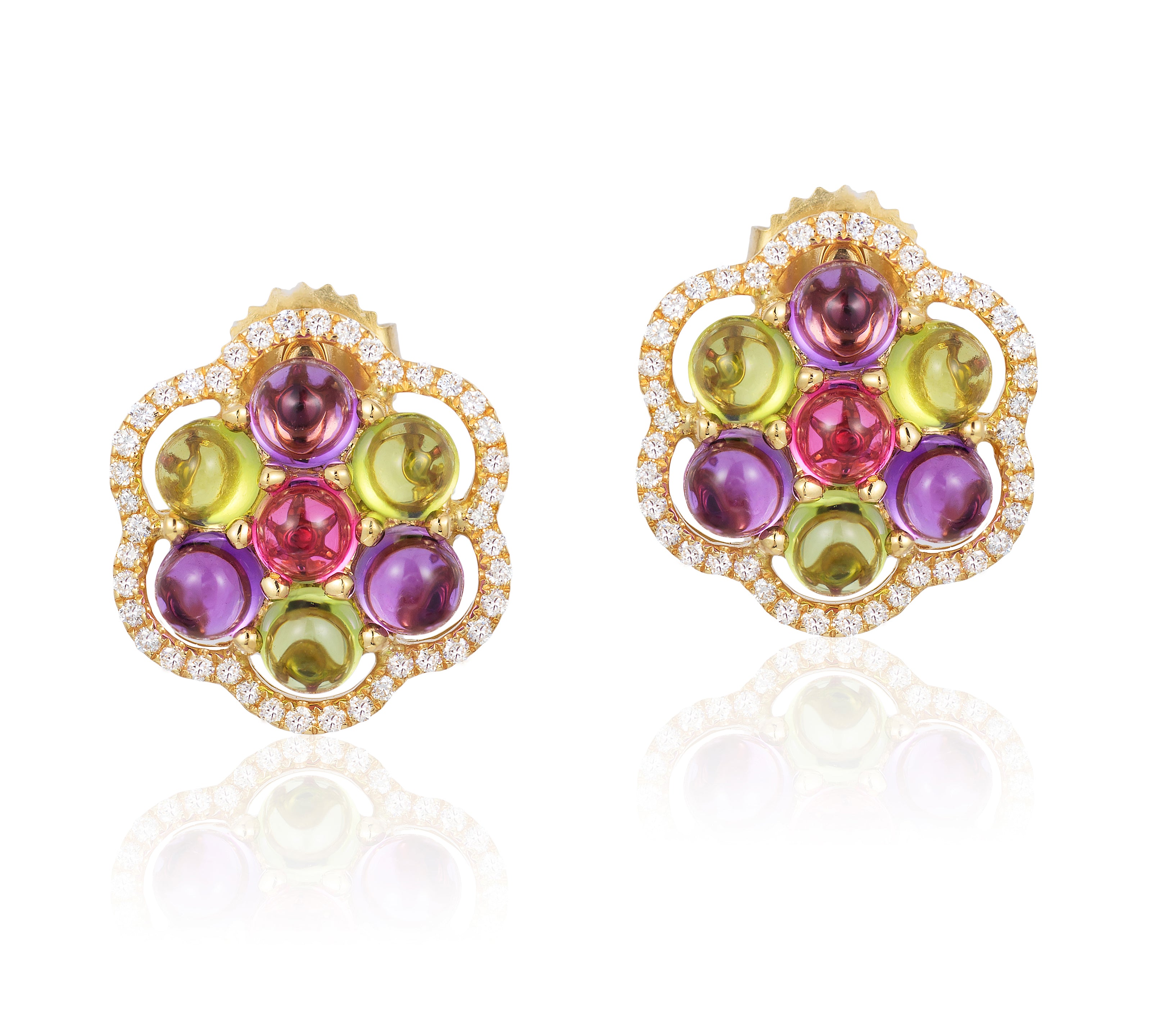 18k Yellow Gold Goshwara Mischief Floral Earrings with Amethyst, Peridot, Rubellite and Diamonds