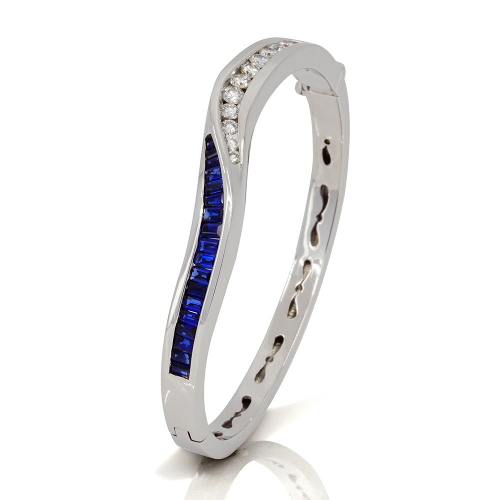 18Kt White Gold Blue Sapphire And Diamond Bangle Bracelet