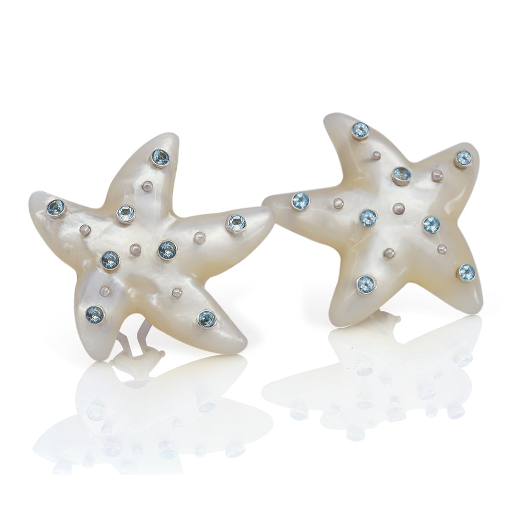 One Pair Of 14Kt White Gold Mother Of Pearl Star Fish Earrings