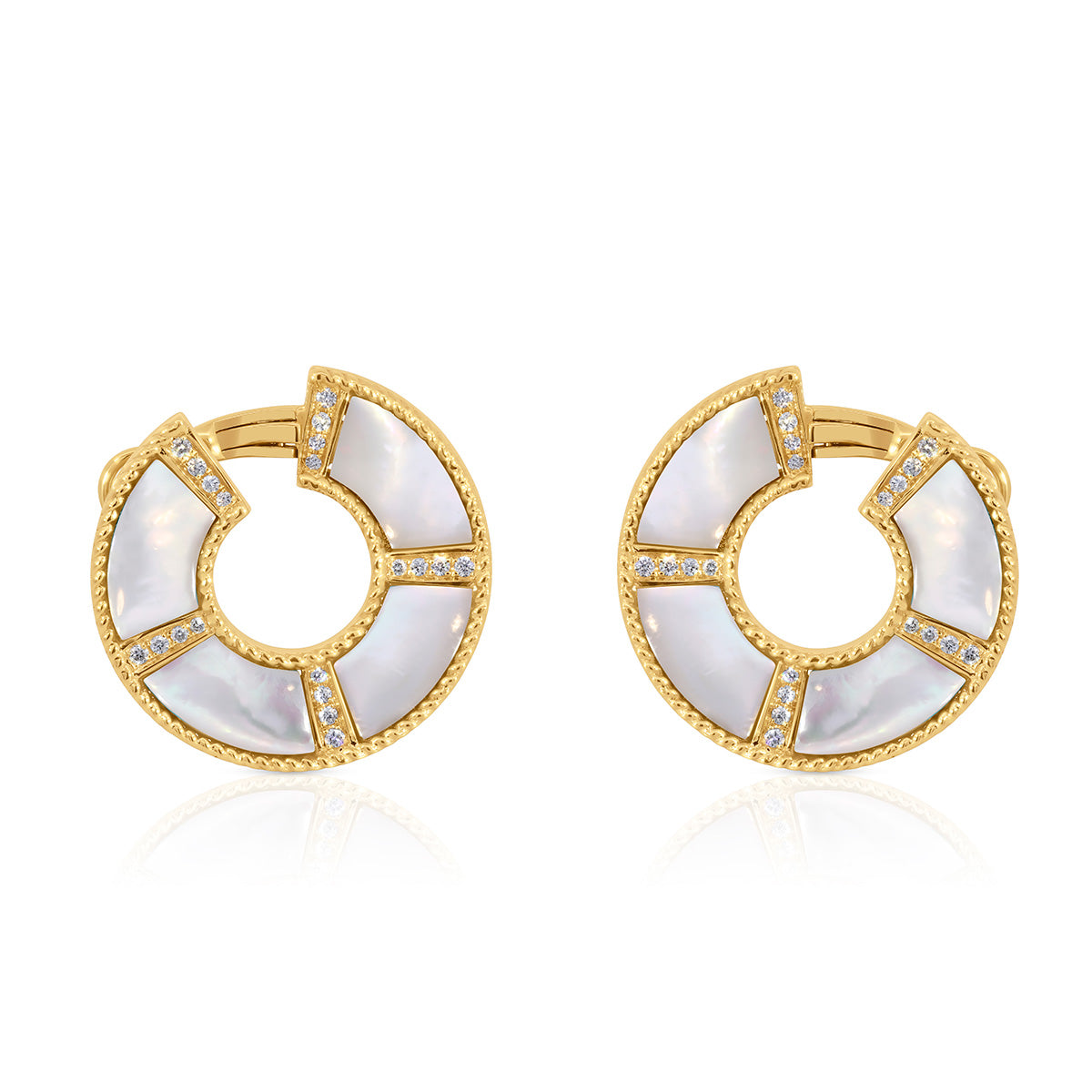 One Pair Of 14Kt Yellow Gold Forward Facing Mother Of Pearl Circle Earrings