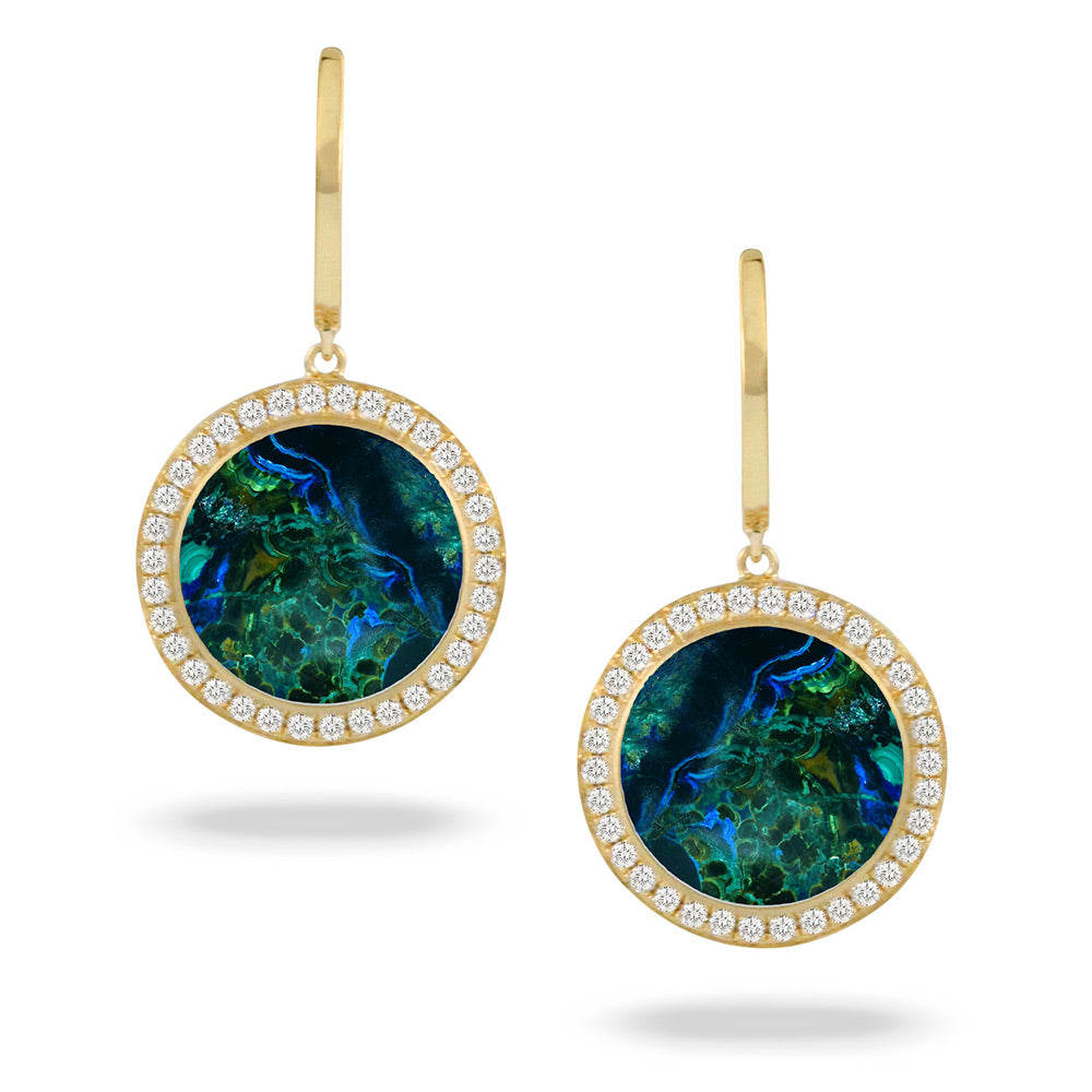 18Kt Yellow Gold Drop Azurite Malachite and Diamond Earrings