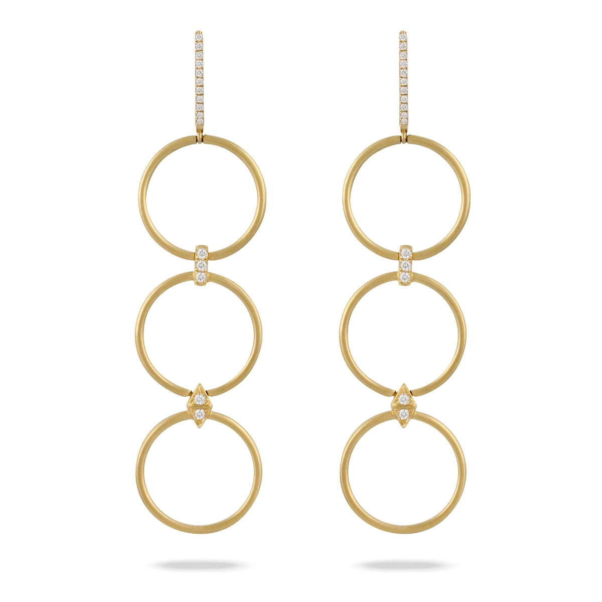 18K Yellow Gold Triple Circle And Diamond Drop Earrings