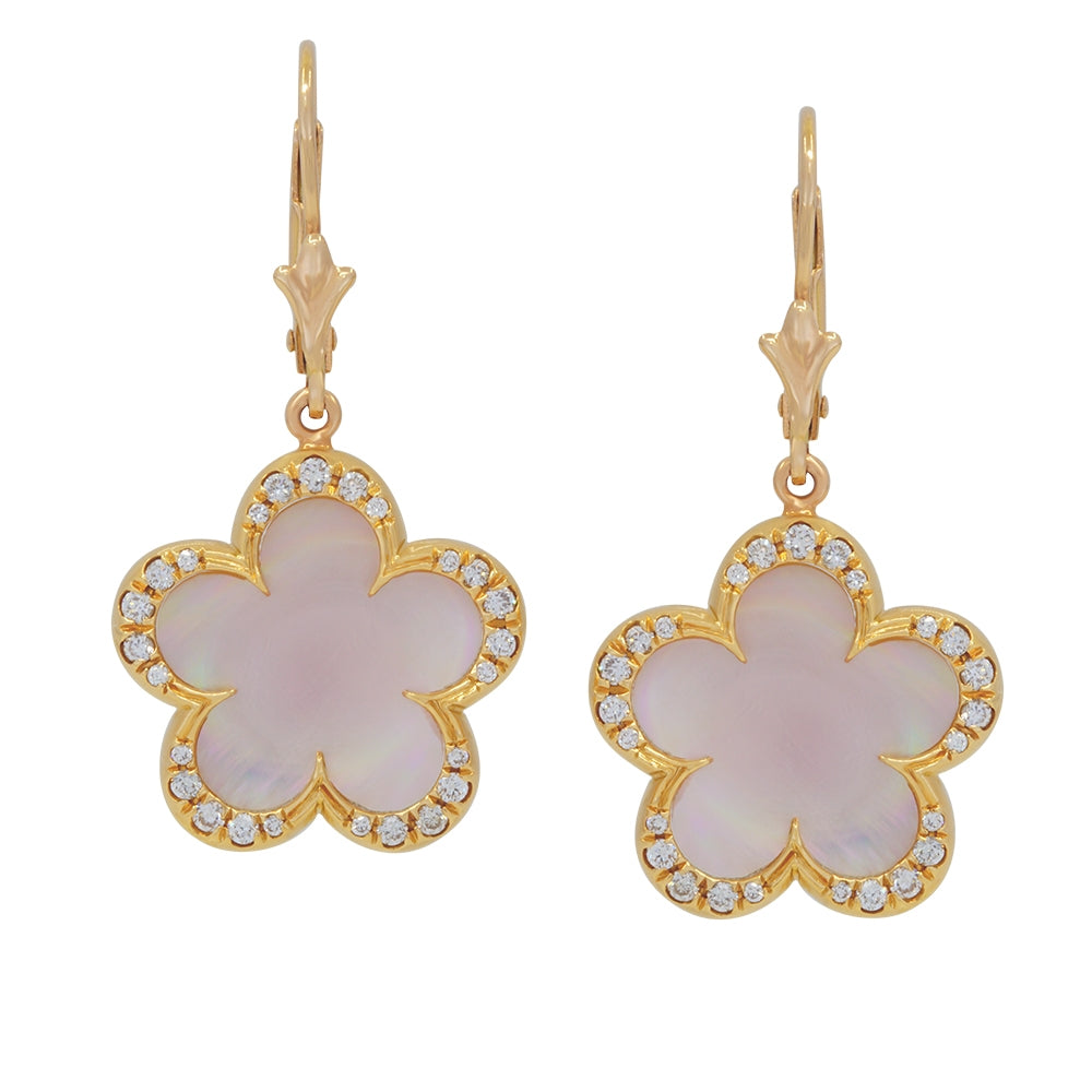 18Kt Rose Gold Pink Mother of Pearl and Diamond Flower Earrings
