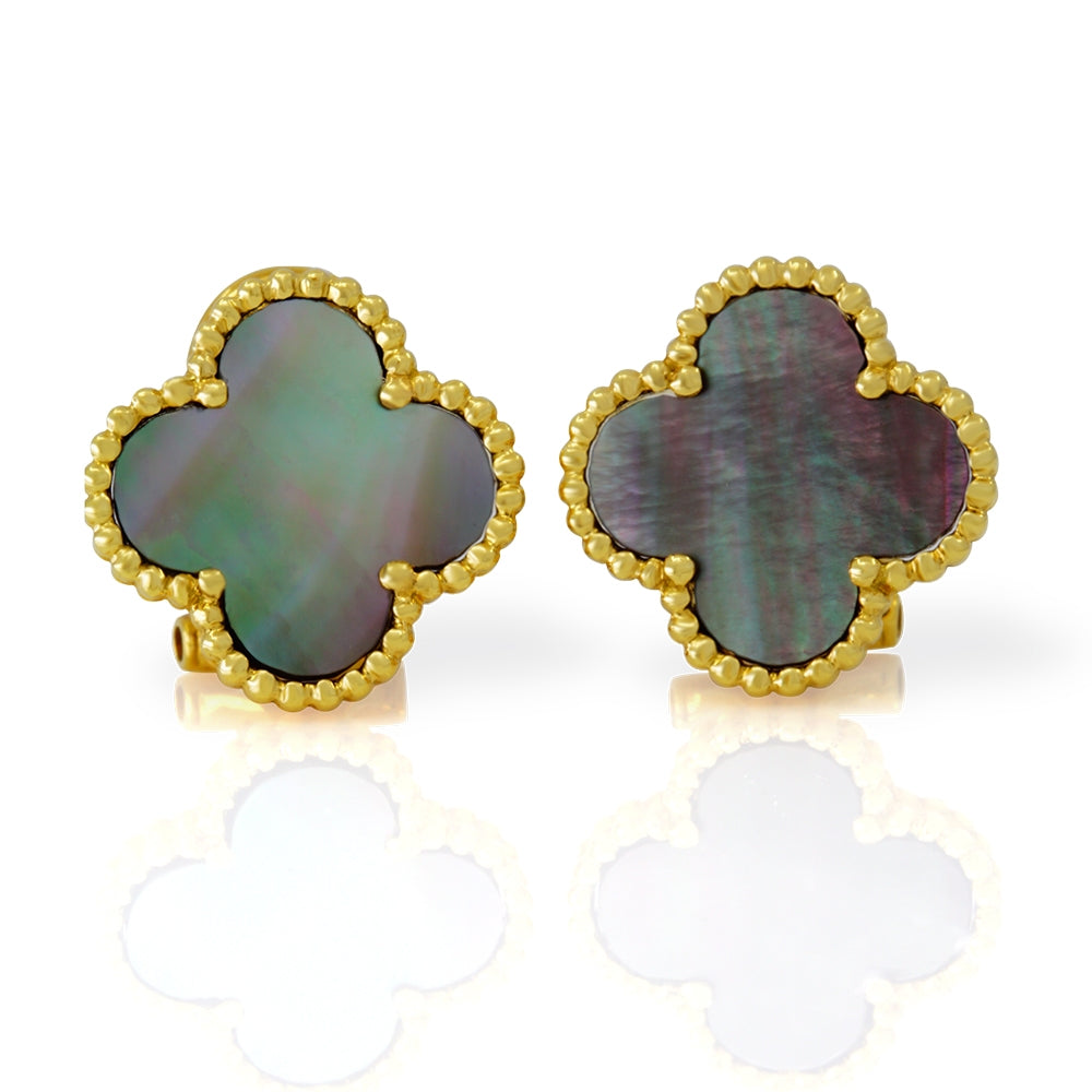 18K Yellow Gold Black Mother Of Pearl Clover Earrings