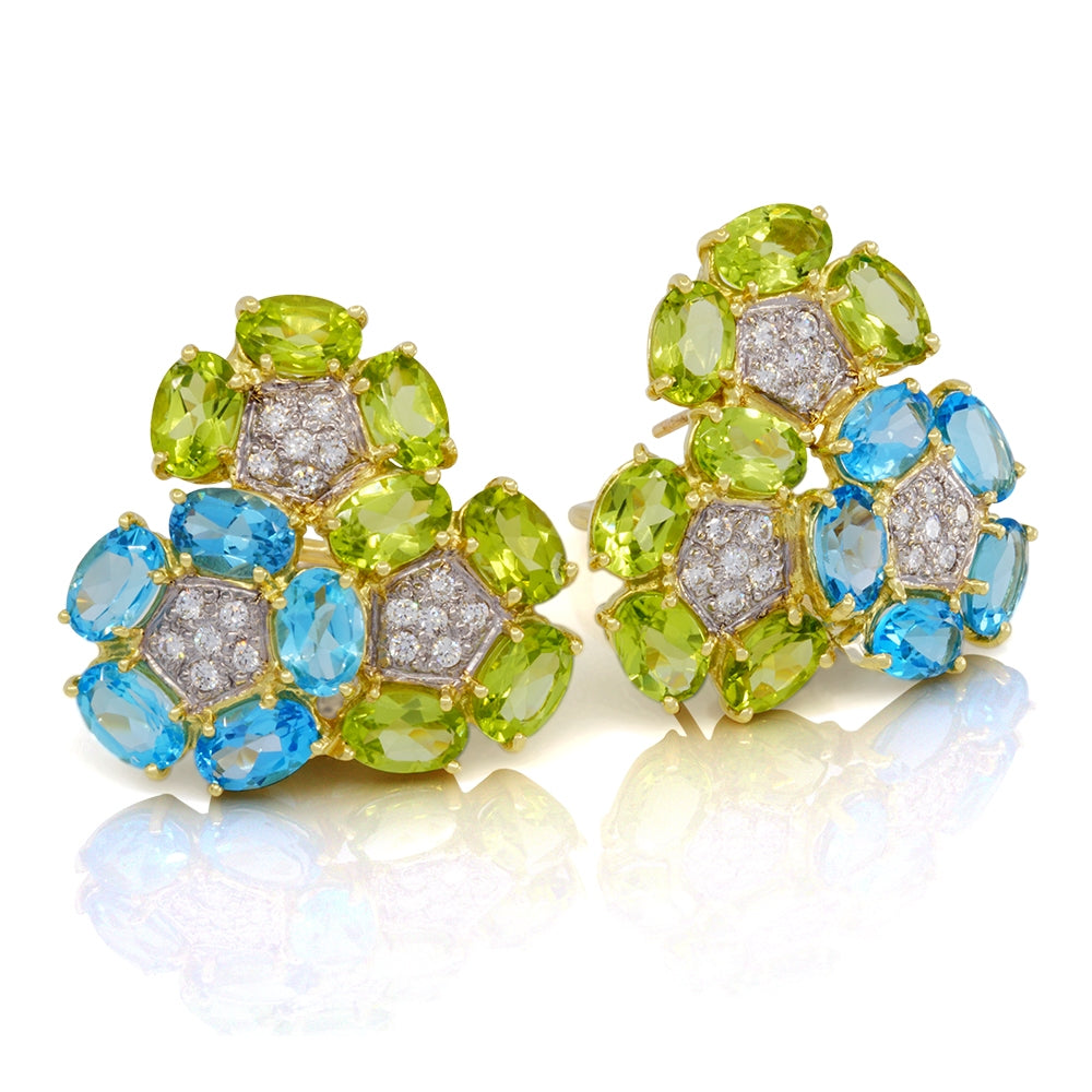 14Kt Yellow Gold Blue Topaz And Peridot Triple Flower Earrings