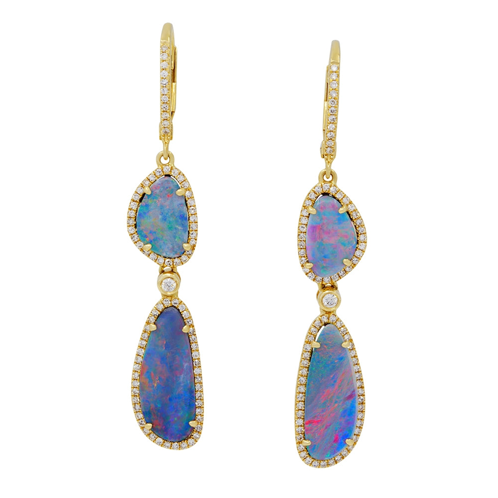 18Kt Yellow Gold Opal Doublet and Diamond Dangle Earrings