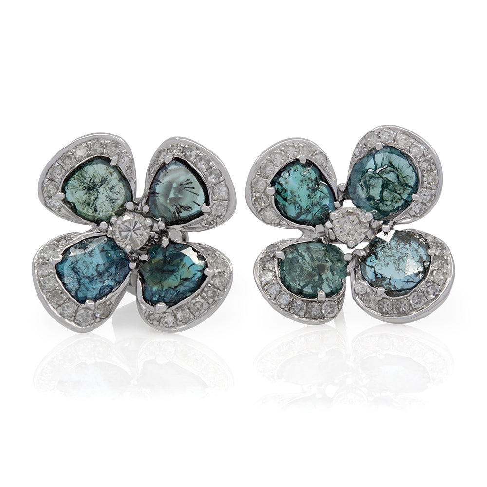 18K White Gold Fancy Rose Cut Diamond Flower Earrings