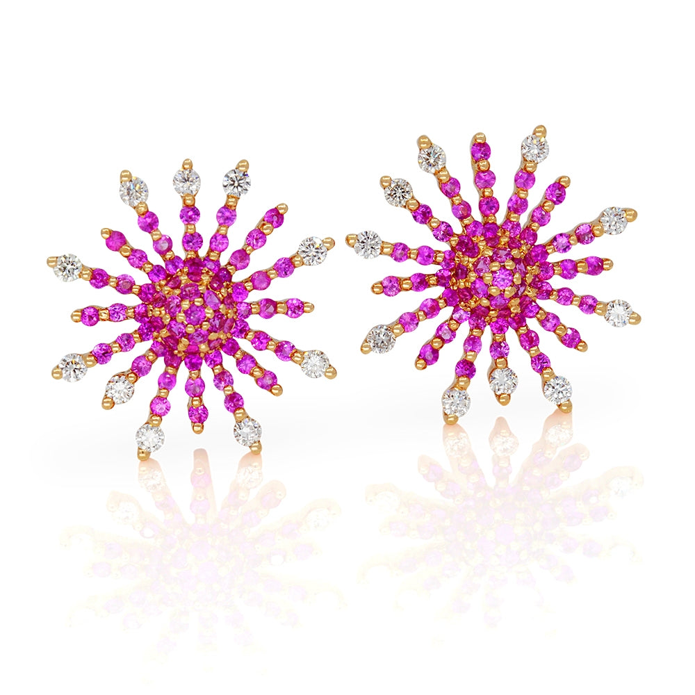 18Kt Rose Gold Pink Sapphire and Diamond Sun Ray Earrings