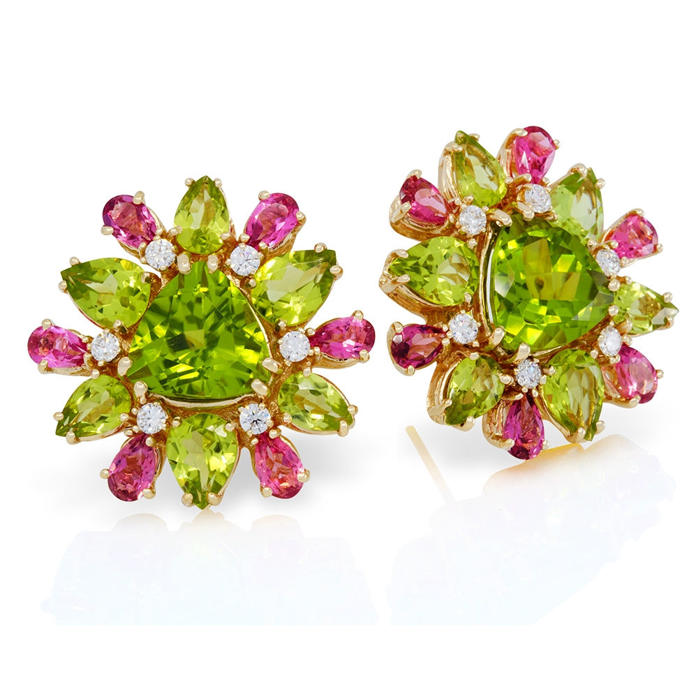 14Kt Yellow Gold Peridot, Pink Tourmaline and Diamond Earrings