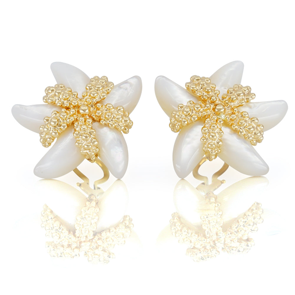 One Pair Of 14Kt Yellow Gold Mother Of Pearl Starfish Earrings