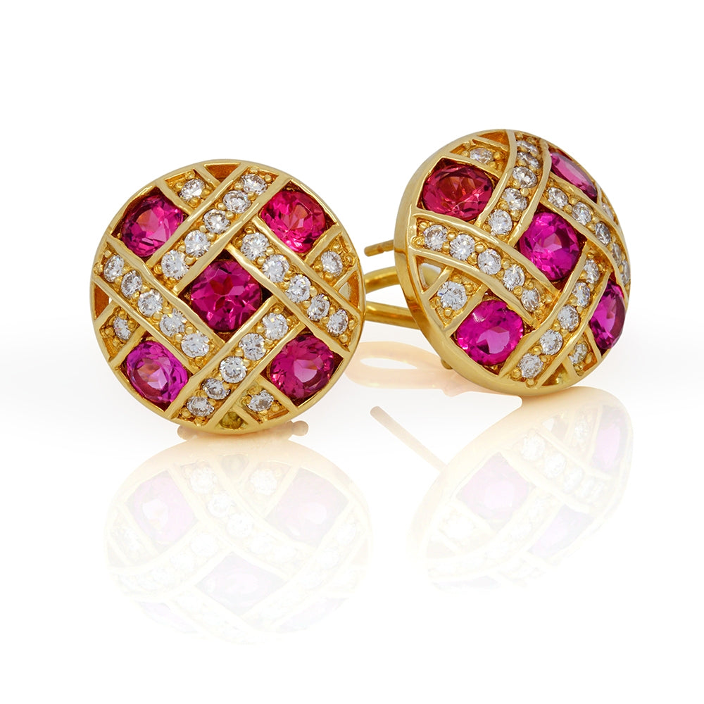 14Kt Yellow Gold Pink Tourmaline and Diamond Button Earrings