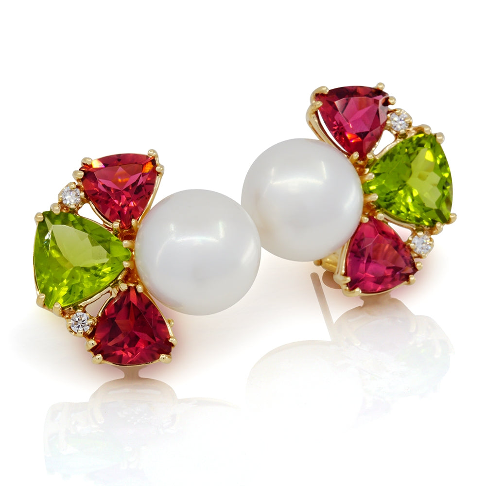 14Kt Yellow Gold Pearl, Pink Tourmaline and Peridot Earrings