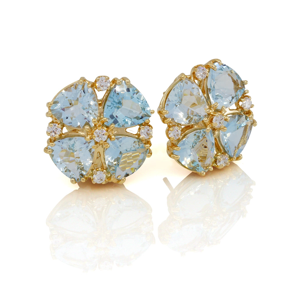 14Kt Yellow Gold Aquamarine and Diamond Flower Earrings