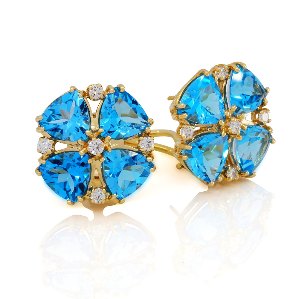 14Kt Yellow Gold Blue Topaz and Diamond Flower Earrings