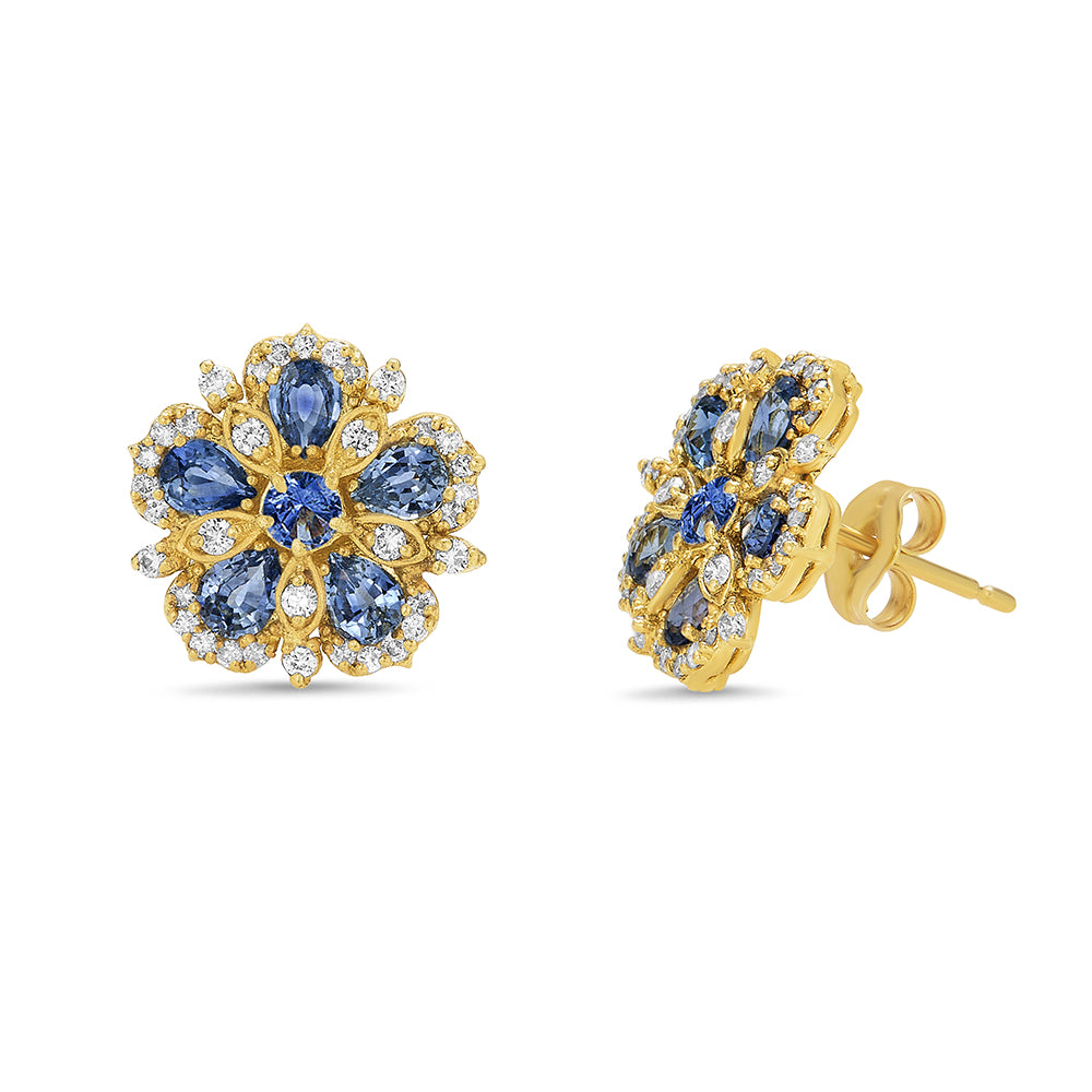 Tanya Farah 18Kt Yellow Gold Jasmine Bloom Earrings With Sapphires And Diamonds