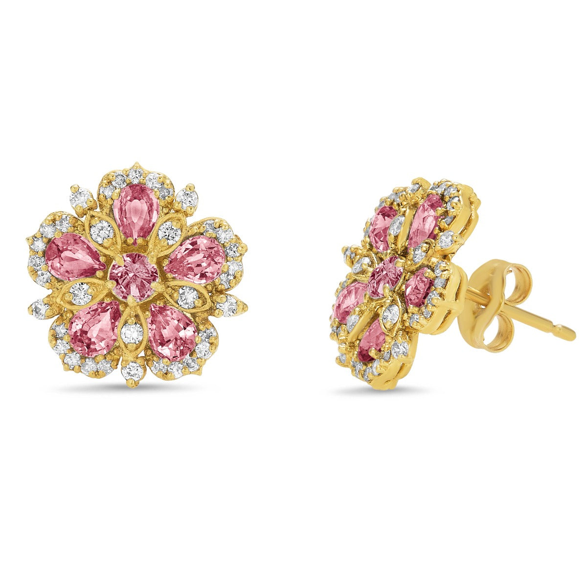Tanya Farah 18Kt Yellow Gold Jasmine Bloom Earrings With Pink Sapphires And Diamonds