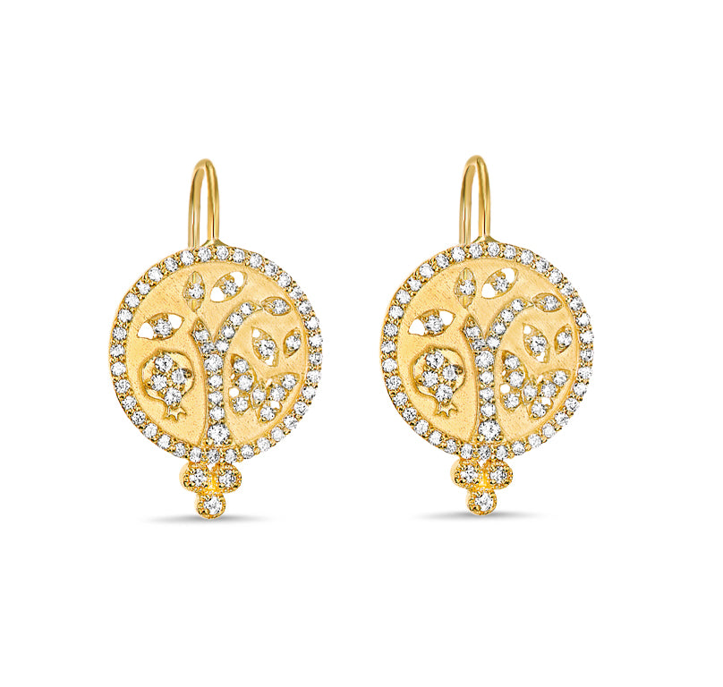 Tanya Farah 18Kt Yellow Gold Handmade Tree Of Life Disk Earrings With Diamonds