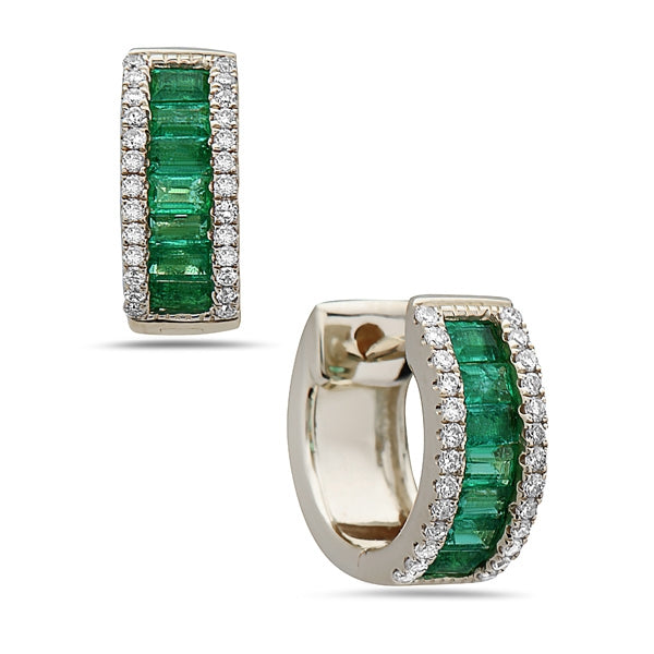 14K White Gold Emerald and Diamond Huggy Earrings