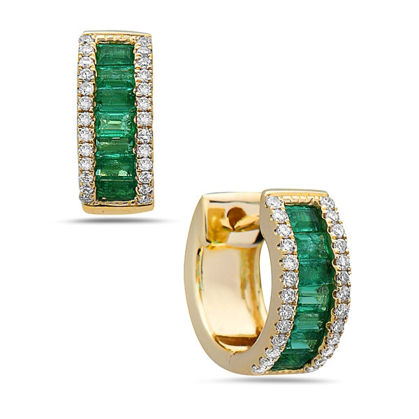 14K Yellow Gold Emerald and Diamond Huggy Earrings