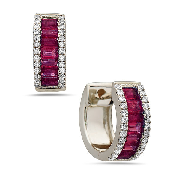 14K White Gold Ruby and Diamond Huggy Earrings