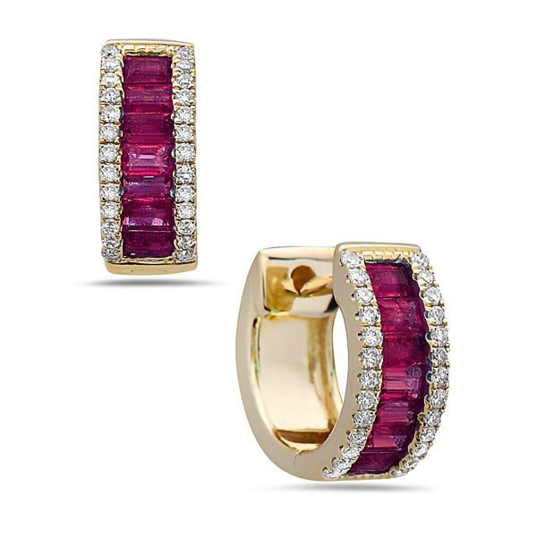 14K Yellow Gold Ruby and Diamond Huggy Earrings