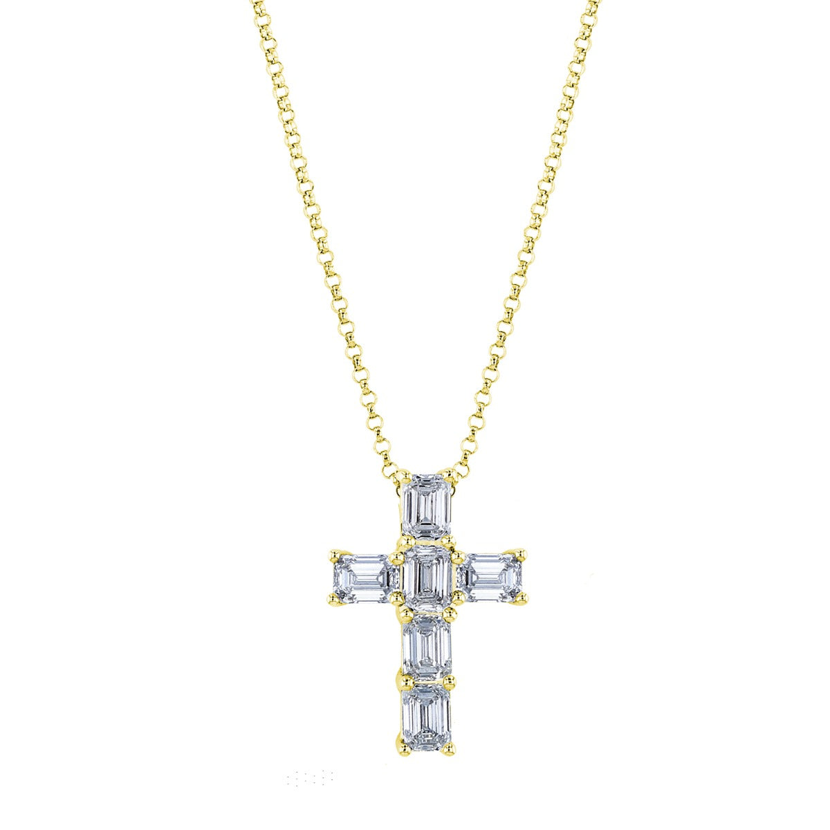 18K Yellow Gold Emerald Cut Diamond Cross Pendant and Chain