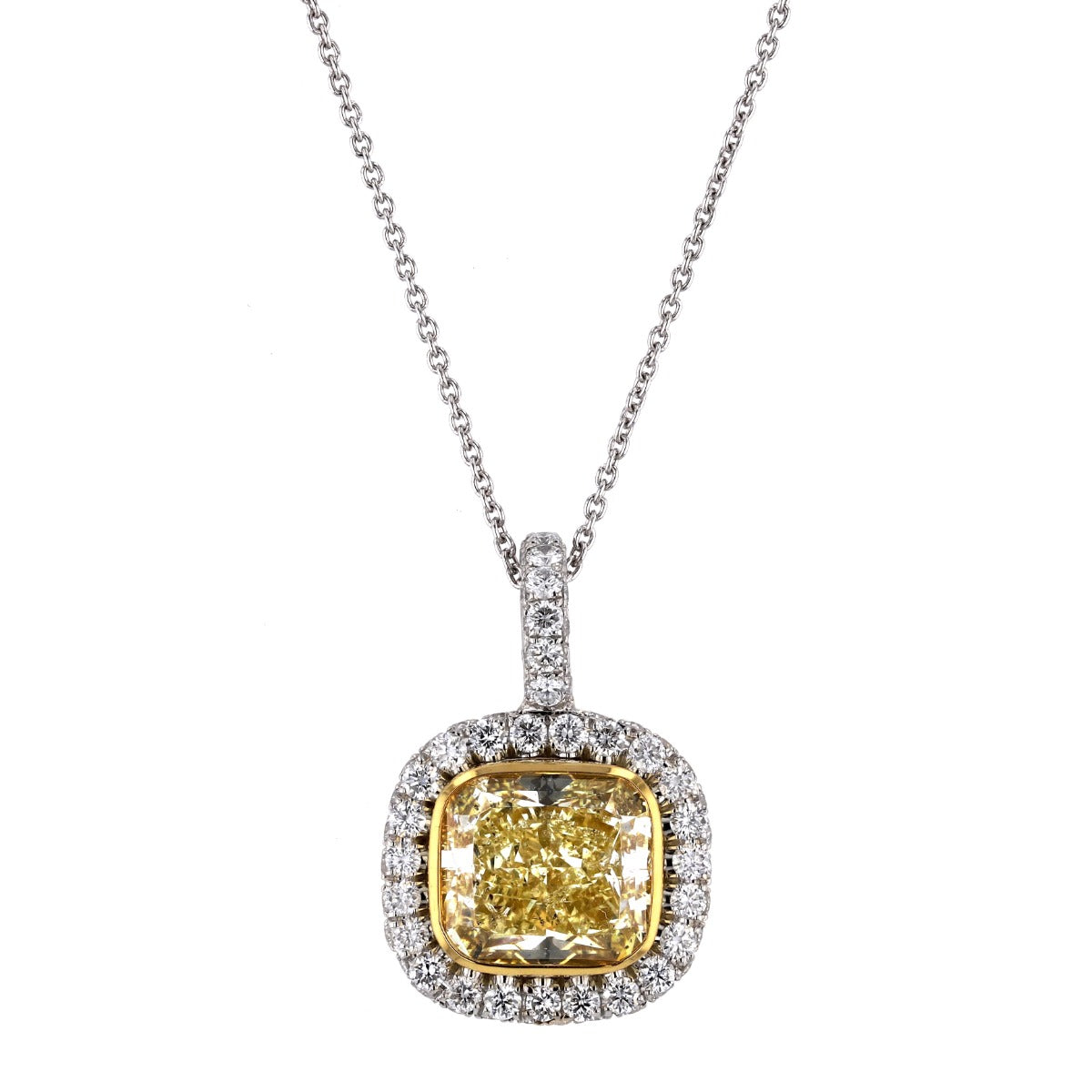 Platinum And 18K Yellow Gold Fancy Yellow 3.61ct Cushion Cut Diamond Pendant